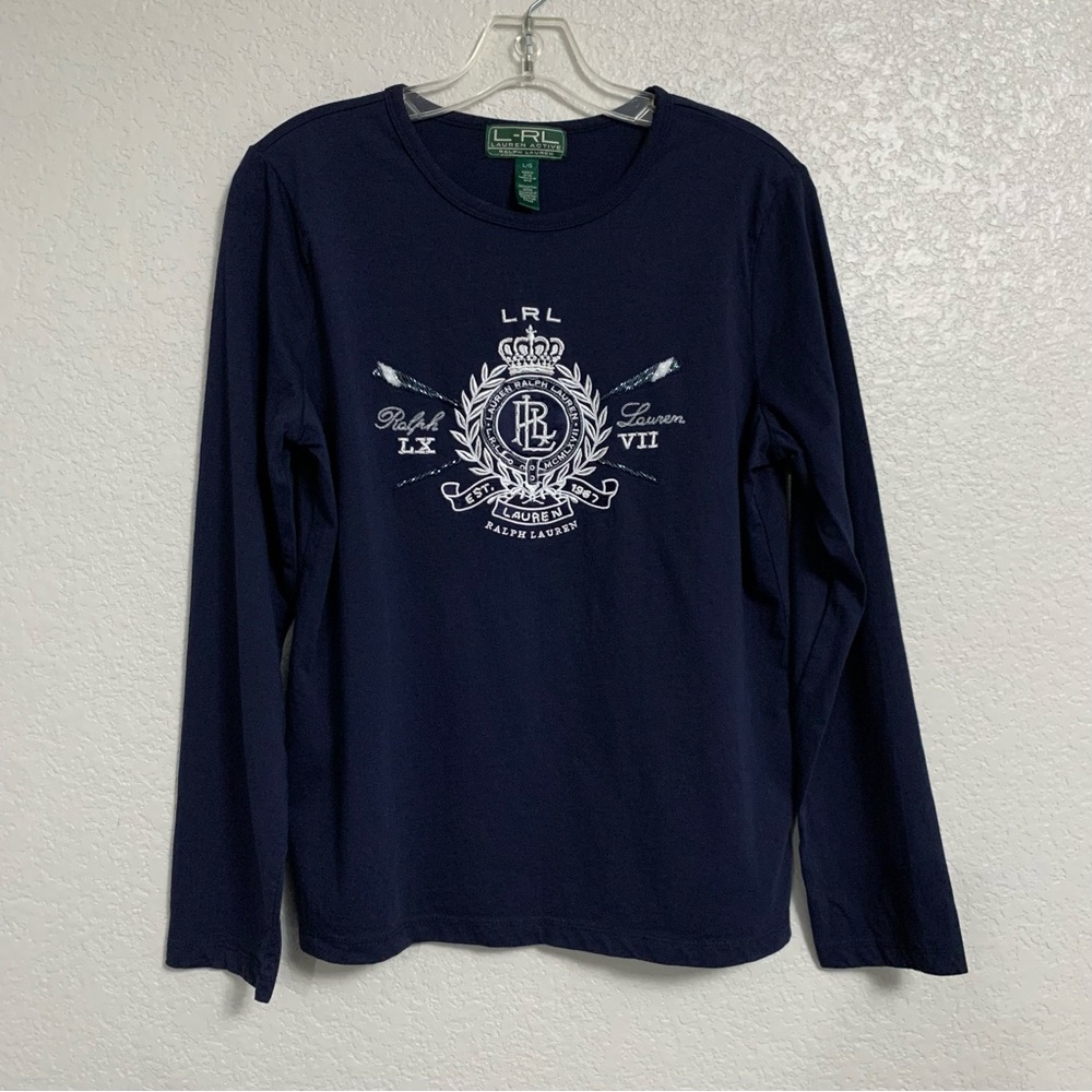 LRL Ralph Lauren Tee Top Women L Preppy Embroidered Beaded Crown Crest Logo Navy